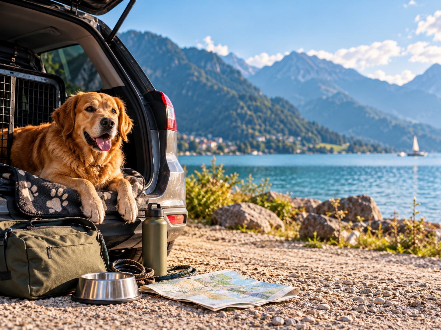 Ein Golden Retriever liegt im offenen Kofferraum eines Autos am Seeufer vor einer Bergkulisse, davor Reisetasche, Napf und Wanderkarte
